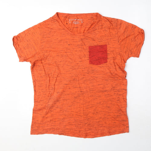 Pull&Bear Mens Orange Cotton T-Shirt Size M Round Neck