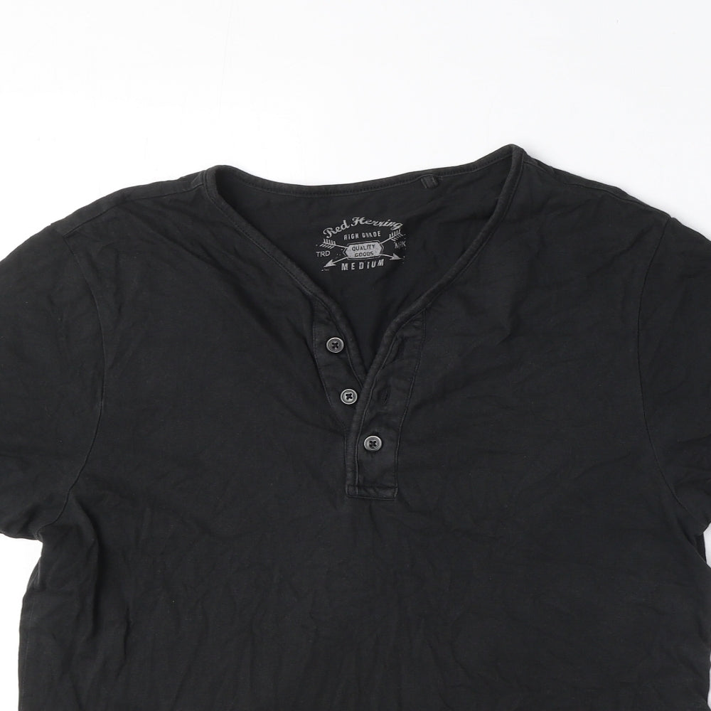 Red Herring Mens Black Cotton Button-Up Size M V-Neck Button