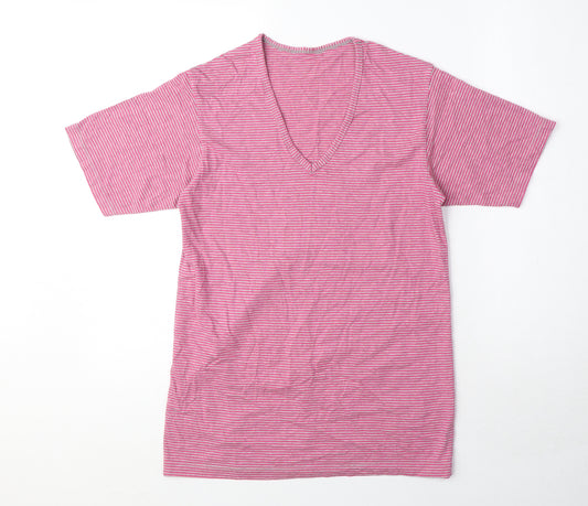 Marks and Spencer Womens Pink Striped 100% Cotton Basic T-Shirt Size 8 V-Neck