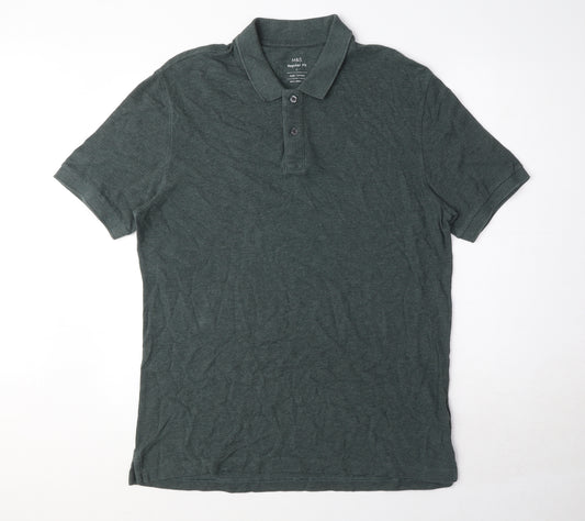 Marks and Spencer Mens Green 100% Cotton Polo Size L Collared Button