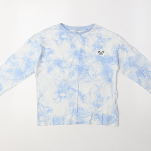 Marks and Spencer Girls Blue 100% Cotton Basic T-Shirt Size 9-10 Years Round Neck Pullover - Butterfly Tie Dye