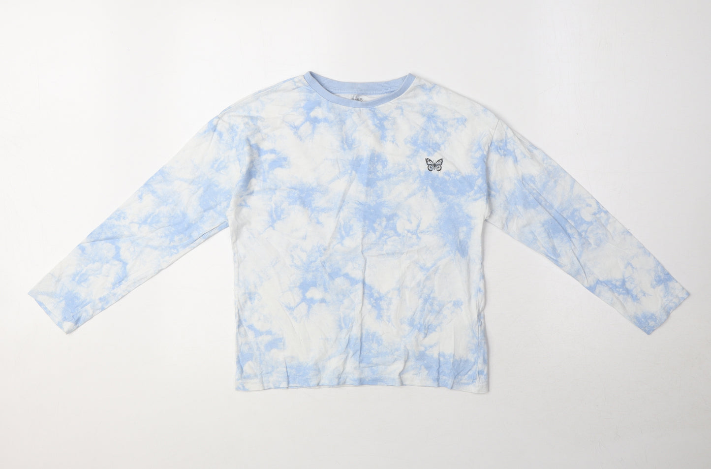 Marks and Spencer Girls Blue 100% Cotton Basic T-Shirt Size 9-10 Years Round Neck Pullover - Butterfly Tie Dye