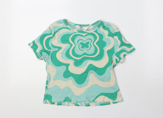 H&M Girls Green Geometric Cotton Basic T-Shirt Size 12 Years Round Neck Pullover
