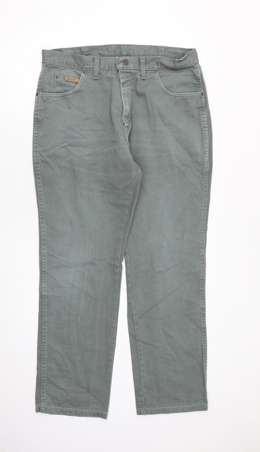 Wrangler Mens Green Cotton Straight Jeans Size 36 in L30 in Regular Zip
