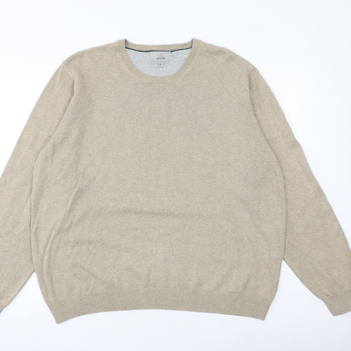 Marks and Spencer Mens Beige Round Neck Cotton Pullover Jumper Size XL Long Sleeve