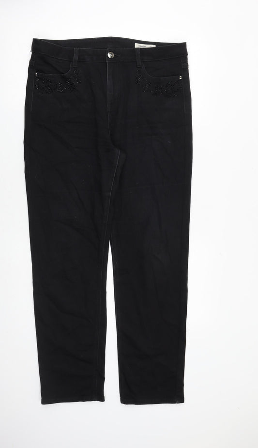 Marks and Spencer Womens Black Cotton Straight Jeans Size 14 L31 in Regular Zip