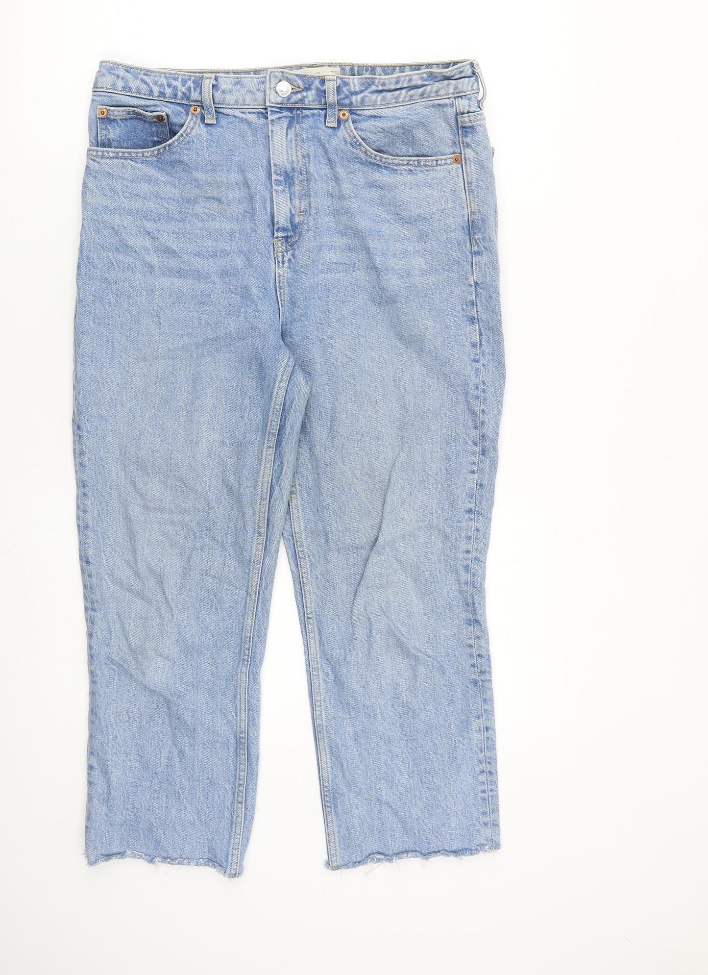 Topshop Womens Blue Cotton Cropped Jeans Size 32 in L24 in Regular Zip - Raw Hem