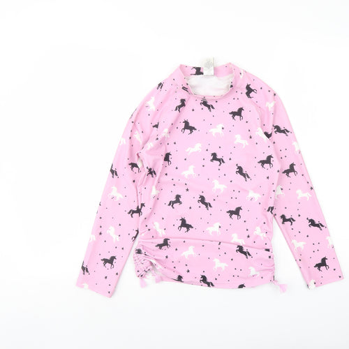 NEXT Girls Pink Geometric Polyacrylate Fibre Basic T-Shirt Size 12 Years Mock Neck Pullover - Unicorn Swimming Top