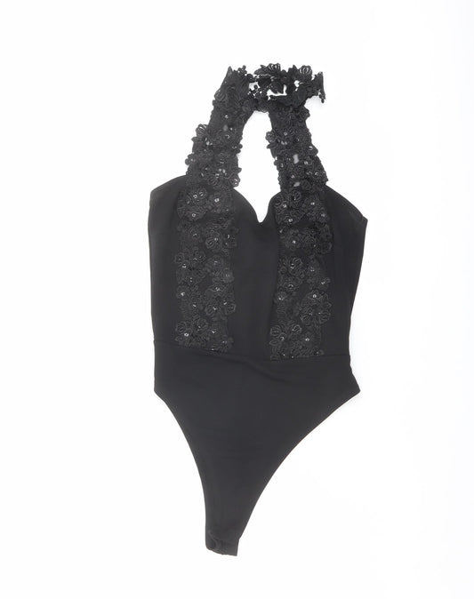 Lipsy Womens Black Polyester Bodysuit One-Piece Size 8 Snap - Lace Neckline