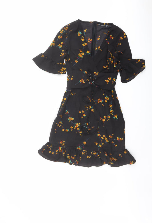PRETTYLITTLETHING Womens Black Floral Polyester Mini Size 4 V-Neck Zip