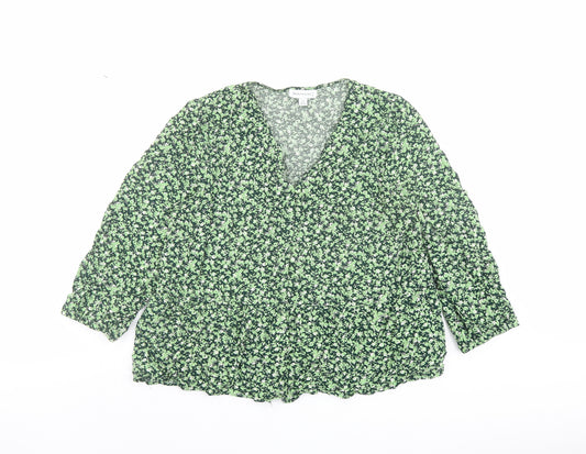 Warehouse Womens Green Floral Viscose Basic Blouse Size 14 V-Neck