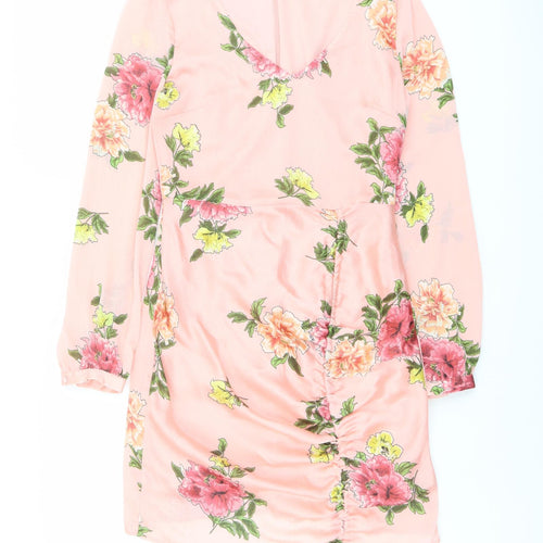 Miss Selfridge Womens Pink Floral Polyester Mini Size 8 V-Neck Zip