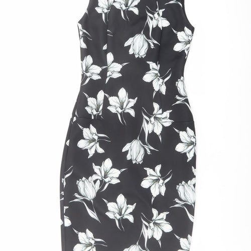 Marks and Spencer Womens Black Floral Polyester Shift Size 8 Round Neck Zip