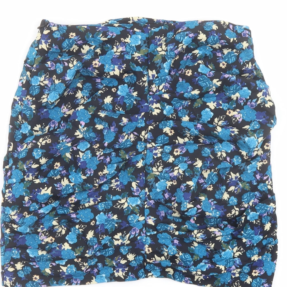 Zara Womens Blue Floral Polyester A-Line Skirt Size S Zip
