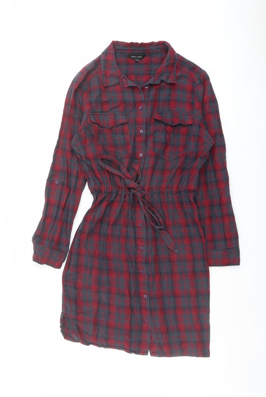 New Look Womens Grey Plaid Cotton Shirt Dress Size 10 Collared Button