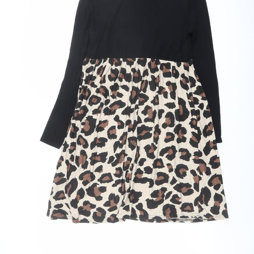 Boohoo Womens Black Animal Print Viscose Jumper Dress Size 8 Crew Neck Pullover - Leopard pattern