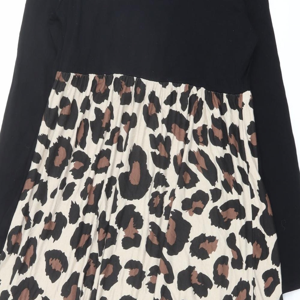 Boohoo Womens Black Animal Print Viscose Jumper Dress Size 8 Crew Neck Pullover - Leopard pattern