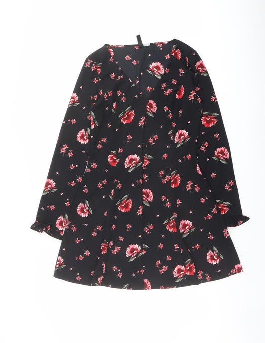 H&M Womens Black Floral Polyester A-Line Size 10 V-Neck Button