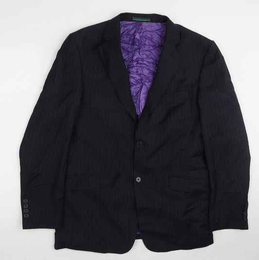 Greenwoods Mens Black Striped Wool Jacket Suit Jacket Size 40 Regular