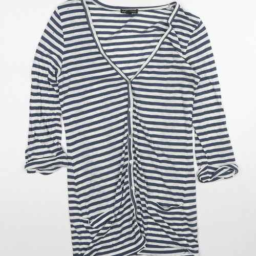 Warehouse Womens Blue V-Neck Striped Cotton Cardigan Jumper Size 10