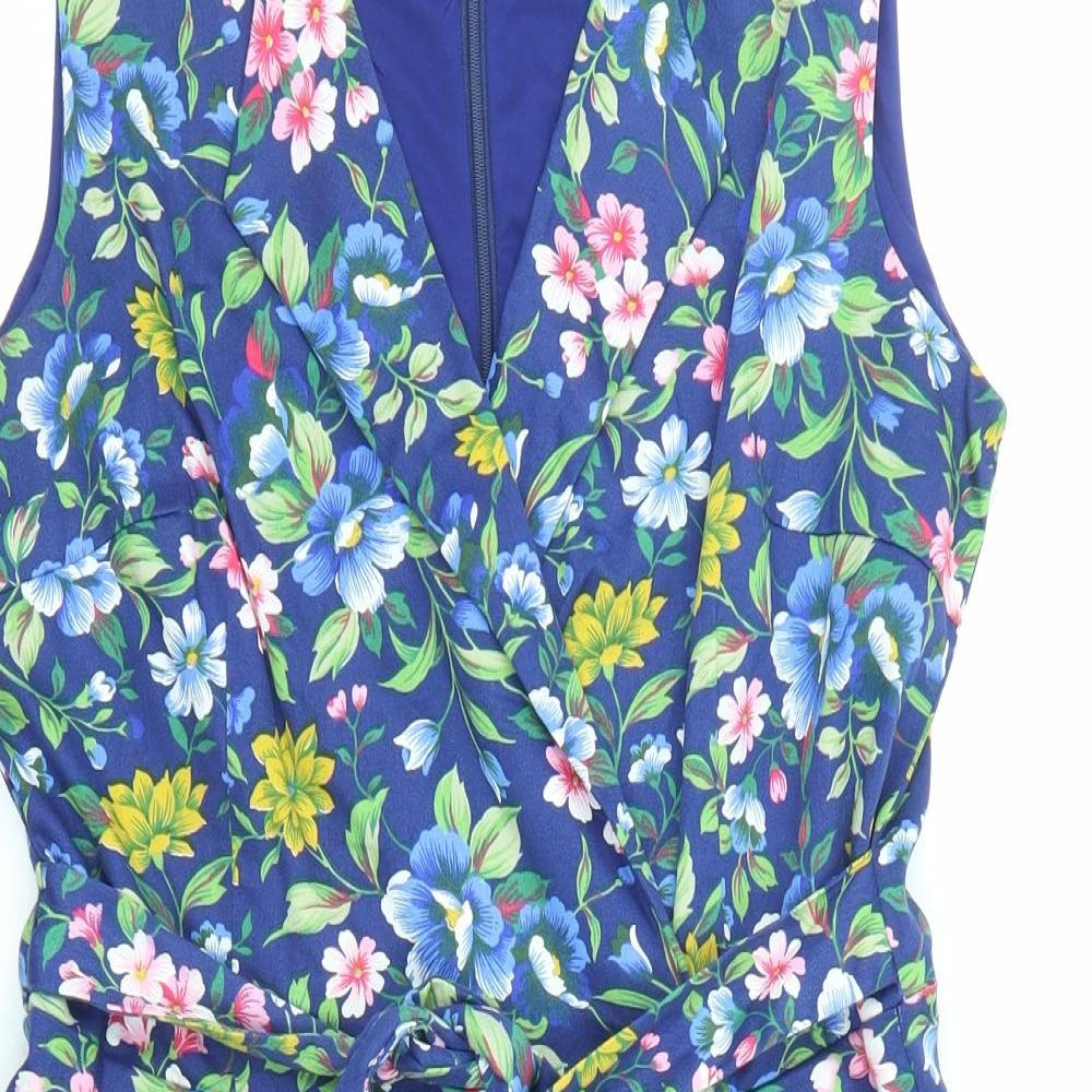 Joe Browns Womens Blue Floral Cotton A-Line Size 12 V-Neck Zip