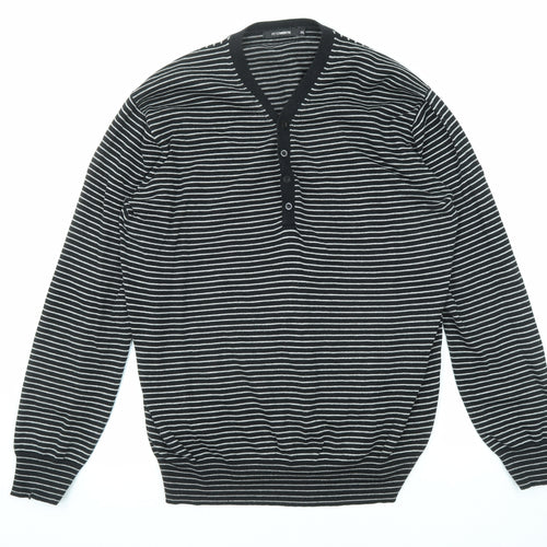 Peter Werth Mens Black V-Neck Striped Cotton Pullover Jumper Size 2XL Long Sleeve