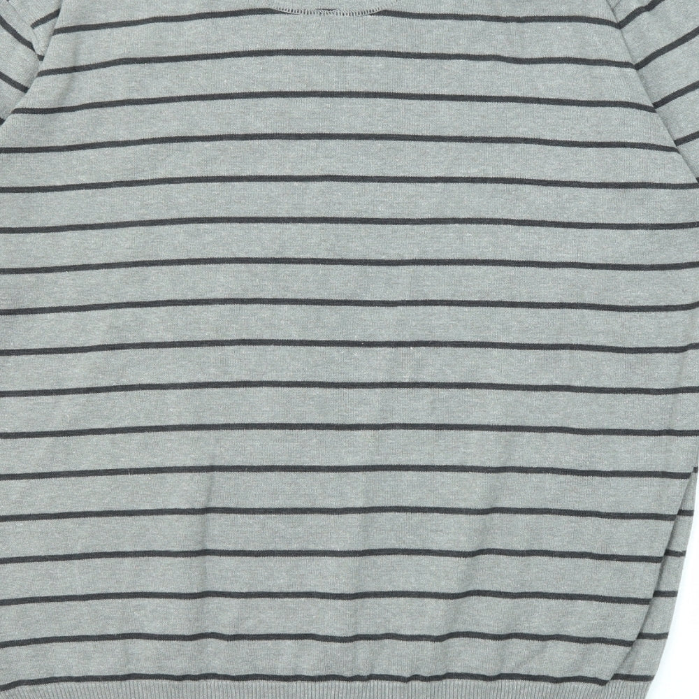 Ringspun Mens Grey Collared Striped Cotton Pullover Jumper Size XL Long Sleeve