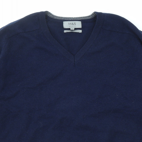 Marks and Spencer Mens Blue V-Neck Wool Pullover Jumper Size L Long Sleeve
