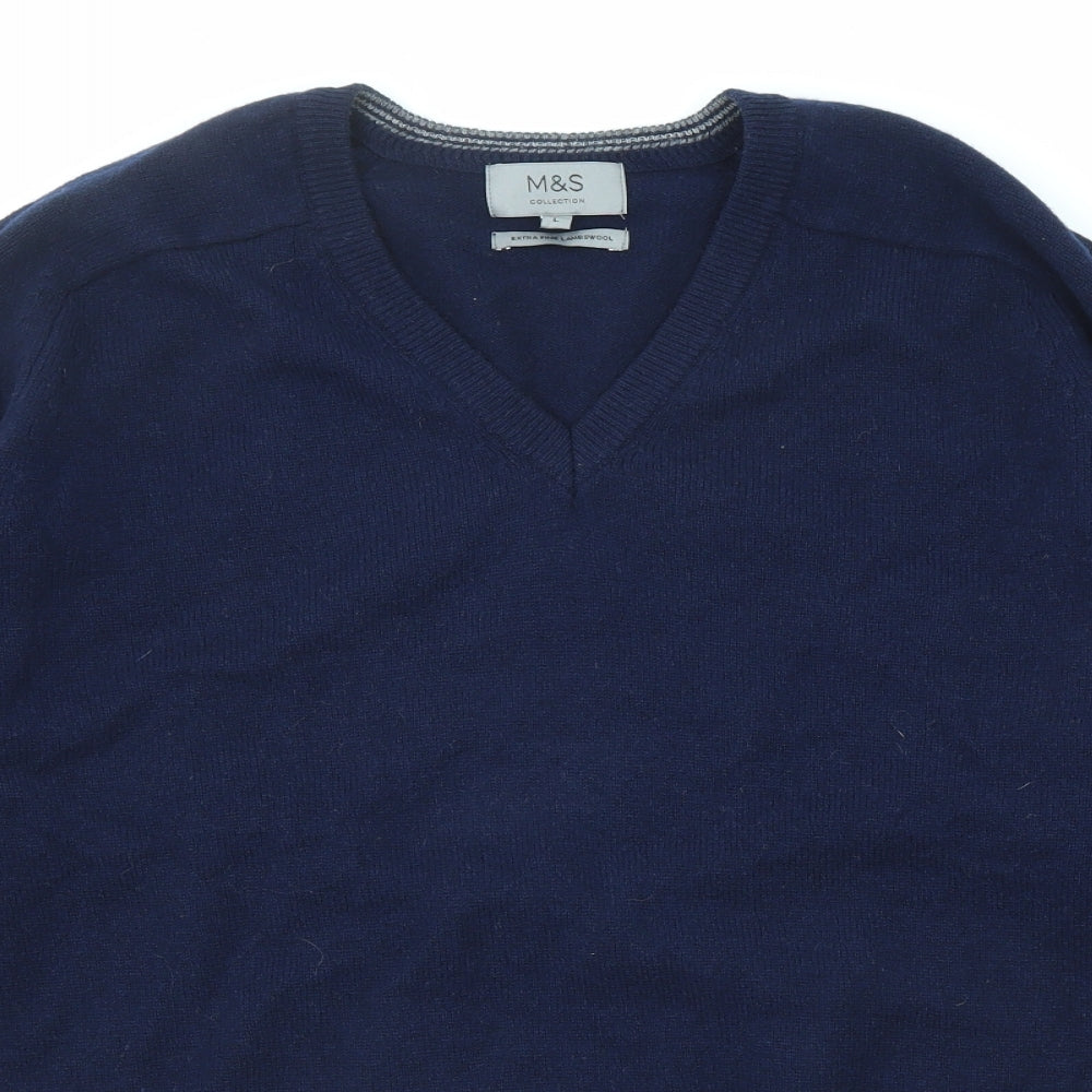 Marks and Spencer Mens Blue V-Neck Wool Pullover Jumper Size L Long Sleeve