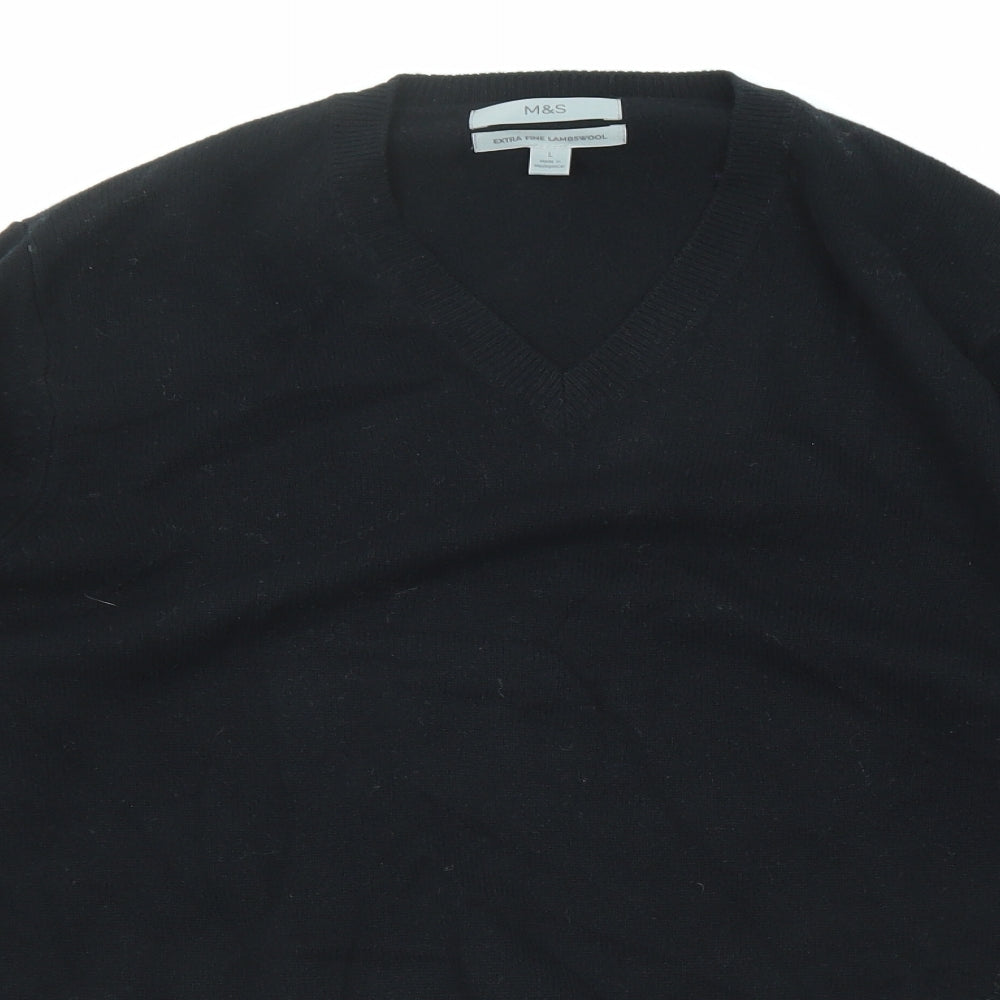 Marks and Spencer Mens Black V-Neck Wool Pullover Jumper Size L Long Sleeve