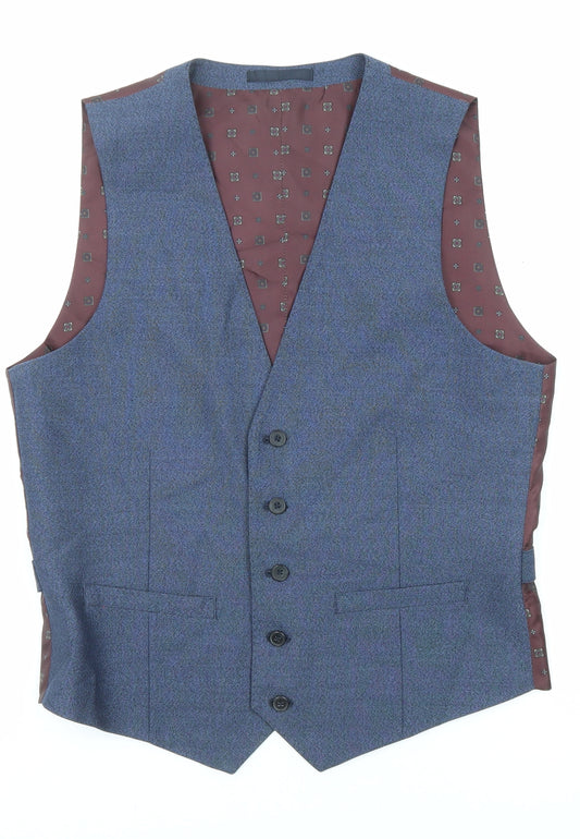 Burton Mens Blue Geometric Polyester Jacket Suit Waistcoat Size 38 Regular