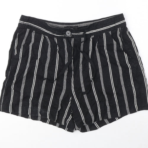 NEXT Womens Black Striped Linen Basic Shorts Size 12 Regular Zip - Drawstring