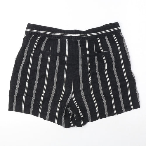 NEXT Womens Black Striped Linen Basic Shorts Size 12 Regular Zip - Drawstring