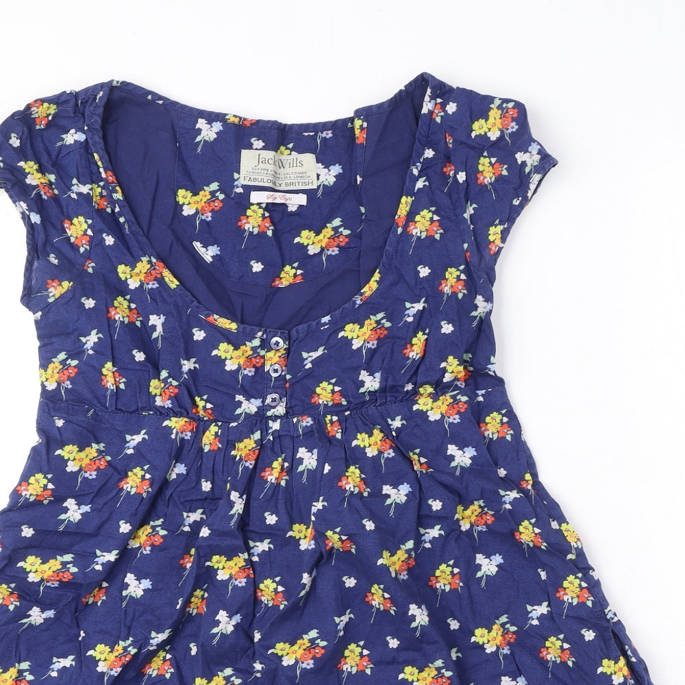 Jack Wills Womens Blue Floral 100% Cotton A-Line Size 8 Scoop Neck Button