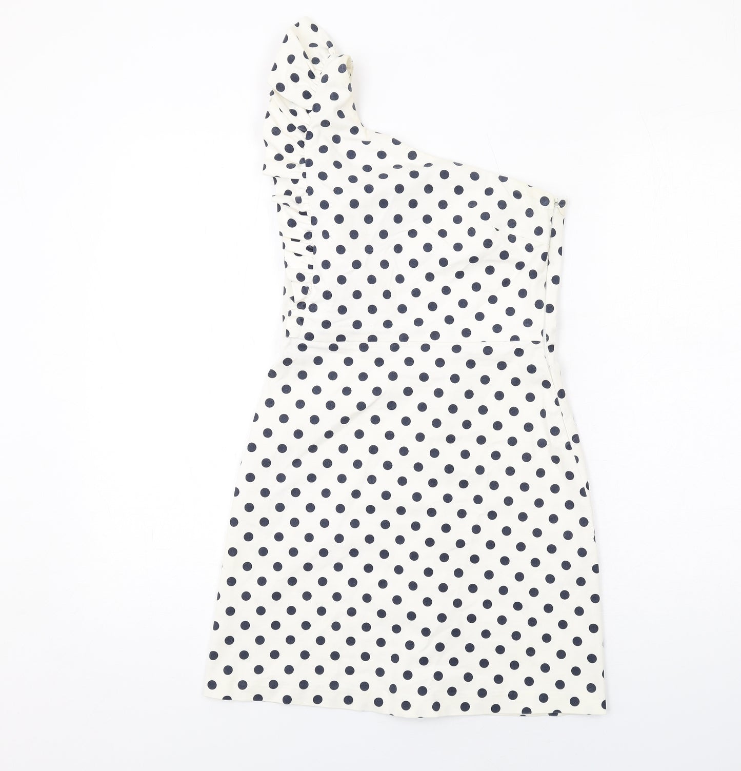 Zara Womens White Polka Dot Cotton Shift Size S One Shoulder Zip