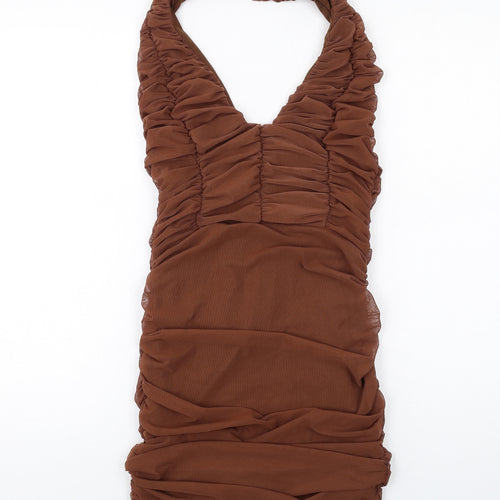 PRETTYLITTLETHING Womens Brown Polyester Bodycon Size 12 Halter Pullover - Open Back