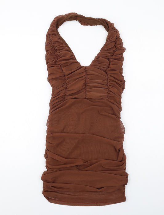 PRETTYLITTLETHING Womens Brown Polyester Bodycon Size 12 Halter Pullover - Open Back