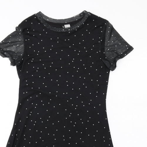 H&M Womens Black Polka Dot Polyester A-Line Size S Round Neck Pullover