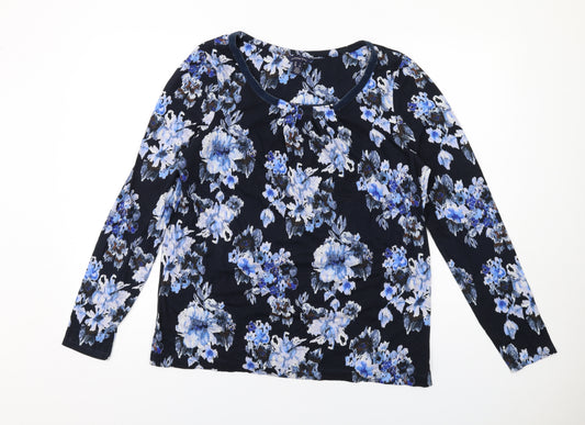 Lands' End Womens Blue Floral Cotton Basic T-Shirt Size L Round Neck