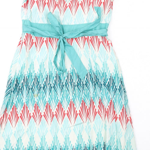 Monsoon Womens Multicoloured Geometric Cotton Slip Dress Size 12 Square Neck Zip
