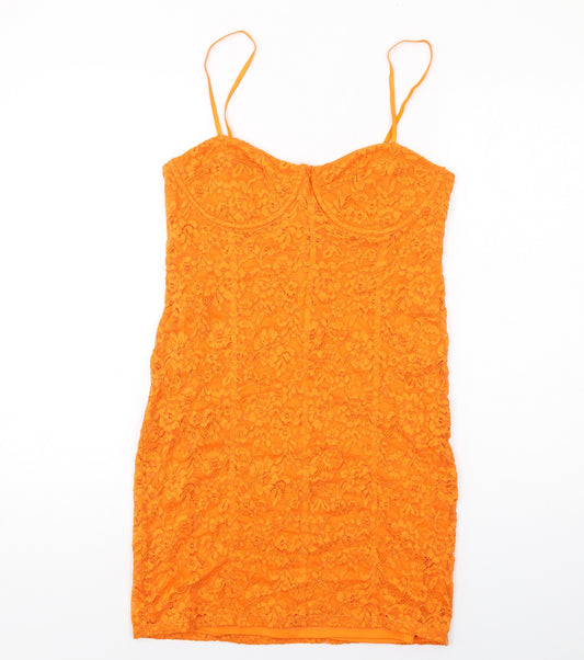 Zara Womens Orange Floral Polyester Bodycon Size L Sweetheart Zip