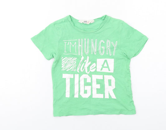 H&M Boys Green Cotton Basic T-Shirt Size 2-3 Years Round Neck Pullover - I'm Hungry Like A Tiger