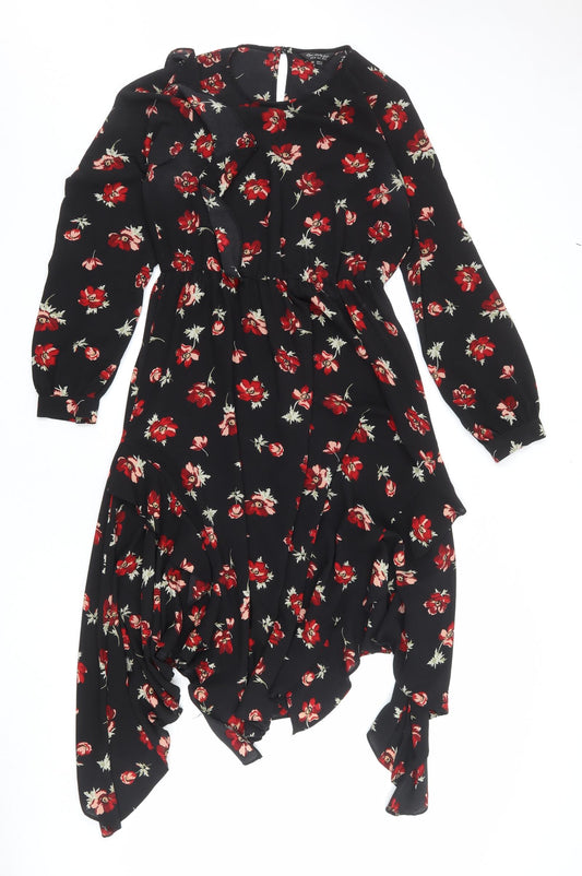Miss Selfridge Womens Black Floral Polyester A-Line Size 10 Round Neck Button