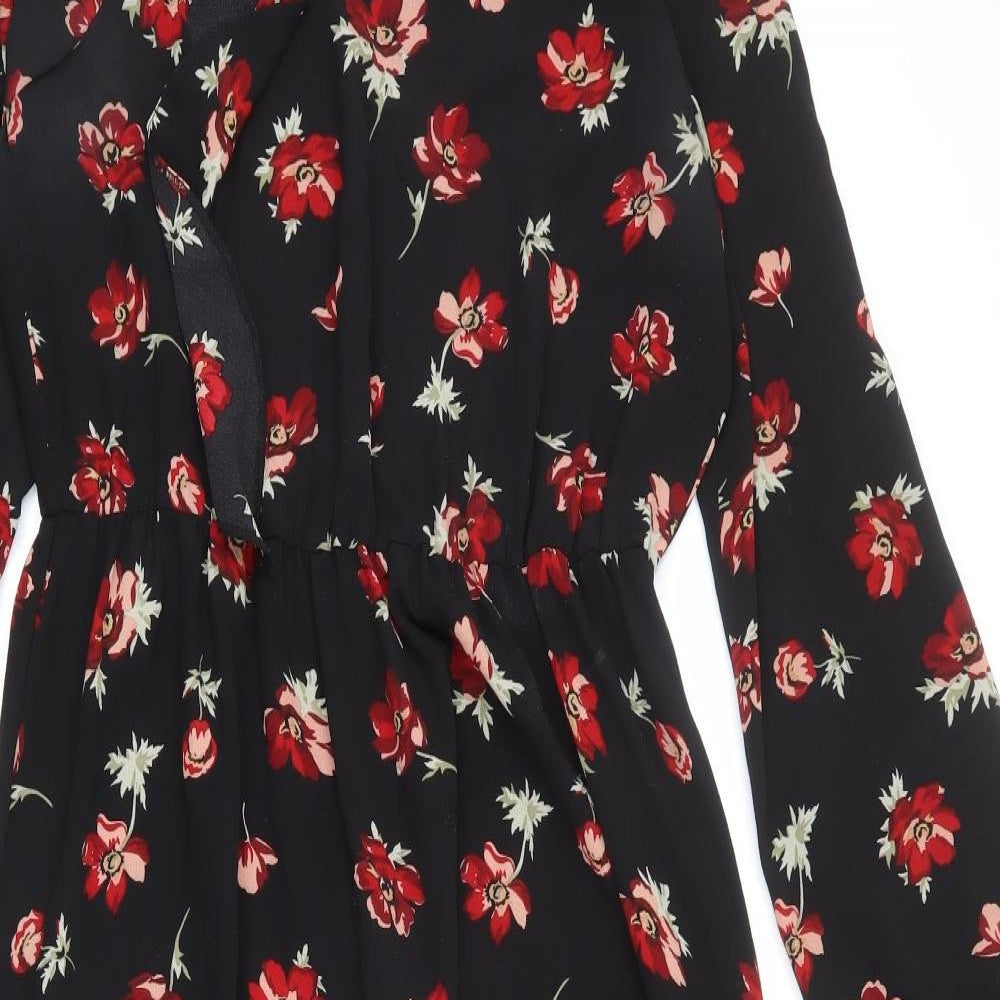 Miss Selfridge Womens Black Floral Polyester A-Line Size 10 Round Neck Button