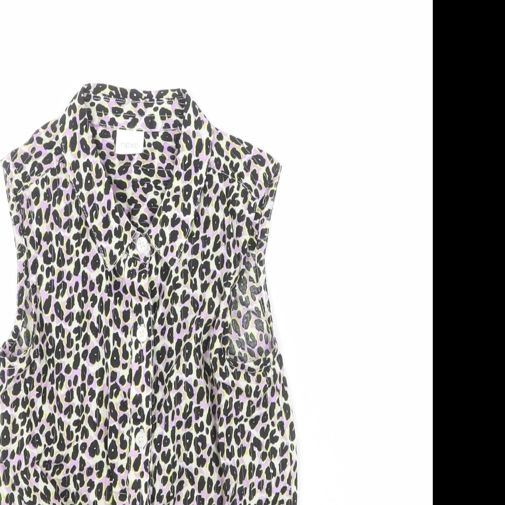 NEXT Girls Multicoloured Animal Print Cotton Basic Button-Up Size 7 Years Collared Button - Leopard Print Knot Front