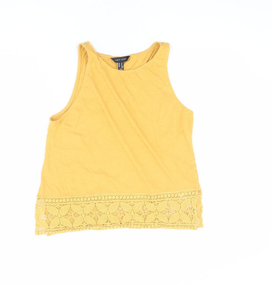 New Look Womens Yellow Cotton Basic Tank Size 12 Boat Neck - Crocheted Lace Detail