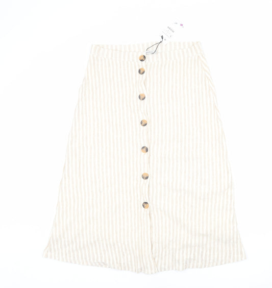 Stradivarius Womens Beige Striped Viscose A-Line Skirt Size L Button
