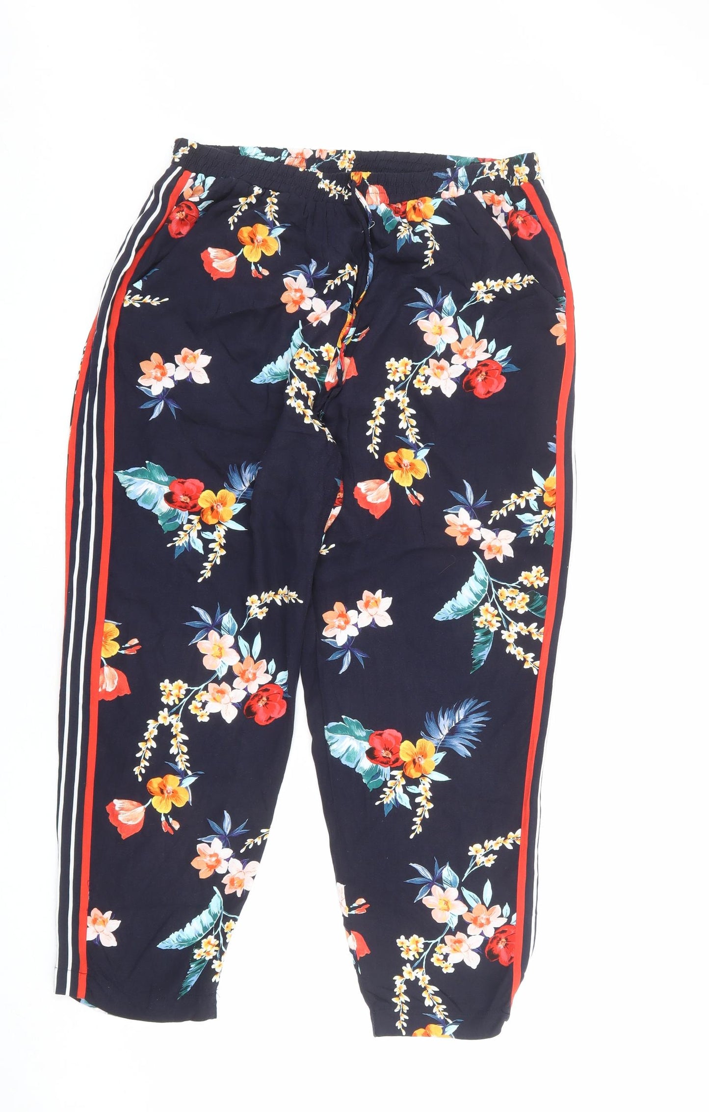 Dorothy Perkins Womens Blue Floral Viscose Trousers Size 14 L30 in Regular - Side Stripe Detail
