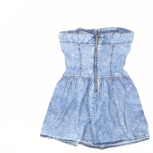 Zara Womens Blue 100% Cotton Mini Size S Off the Shoulder Zip