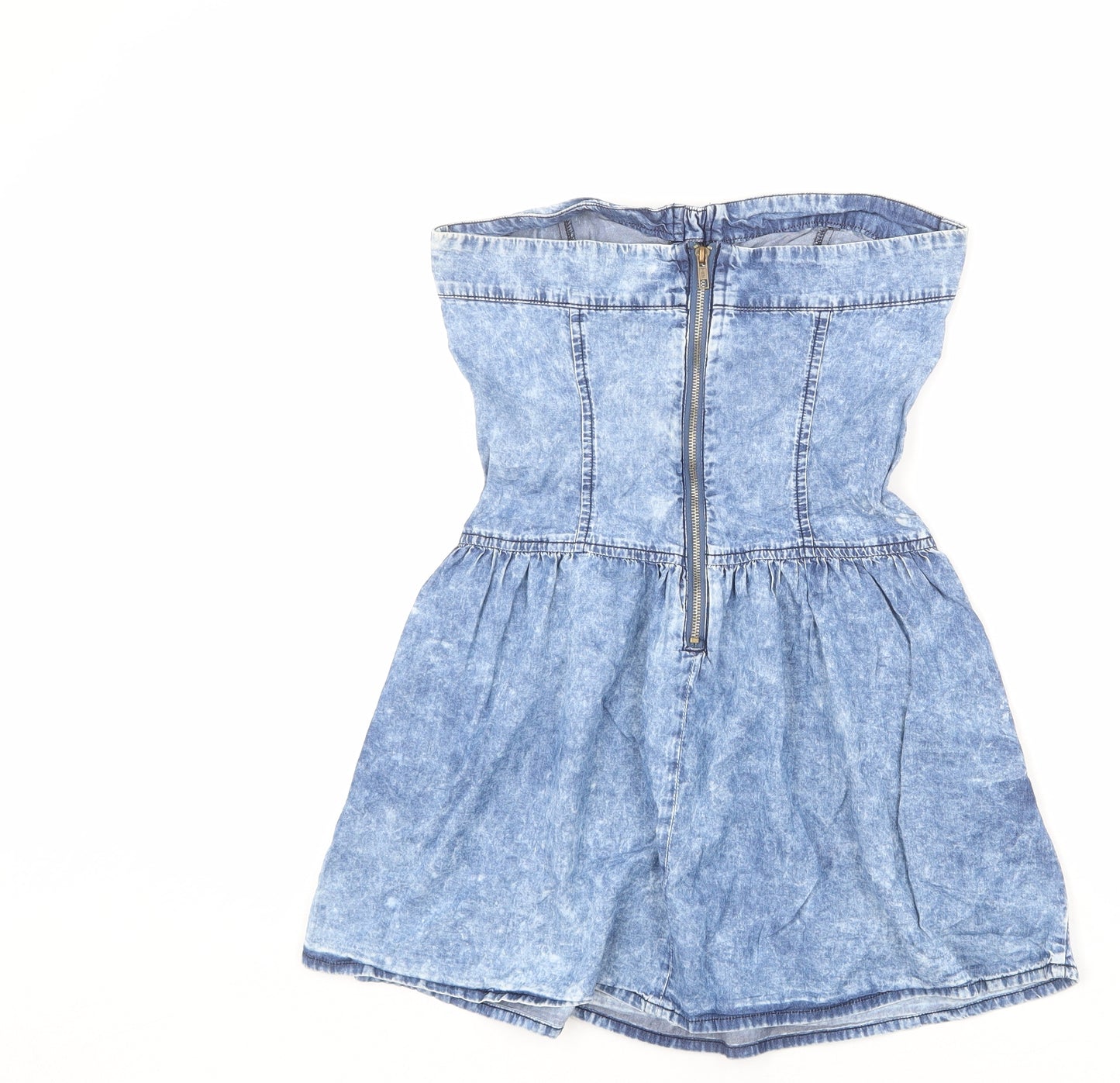 Zara Womens Blue 100% Cotton Mini Size S Off the Shoulder Zip